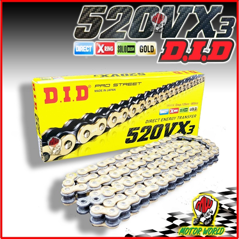 CATENA TRASMISSIONE DID 520 VX-3 X-RING COLORE ORO VX3 X-RING 120 MAGLIE