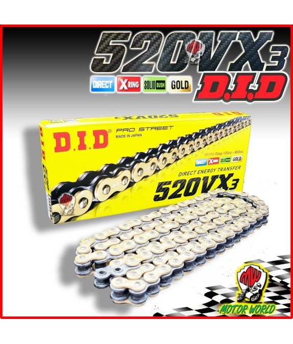 CATENA TRASMISSIONE DID 520 VX-3 X-RING COLORE ORO VX3 X-RING 120 MAGLIE