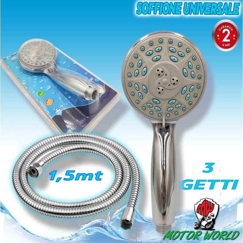 Soffione per doccia bagno multigetto telefono 3 funzioni con tubo da 1.5mt vasc