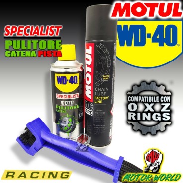 KIT PER LA PULIZIA CATENA MOTO SPRAY WD-40 + C4 MOTUL CON SPAZZOLA