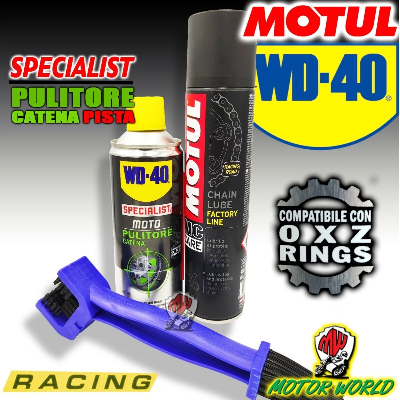 KIT PER LA PULIZIA CATENA MOTO SPRAY WD-40 + C4 MOTUL CON SPAZZOLA