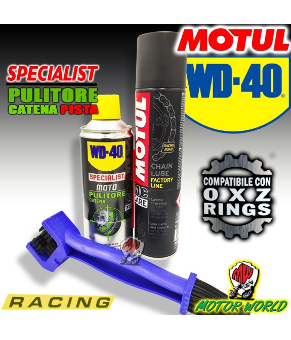 KIT PER LA PULIZIA CATENA MOTO SPRAY WD-40 + C4 MOTUL CON SPAZZOLA