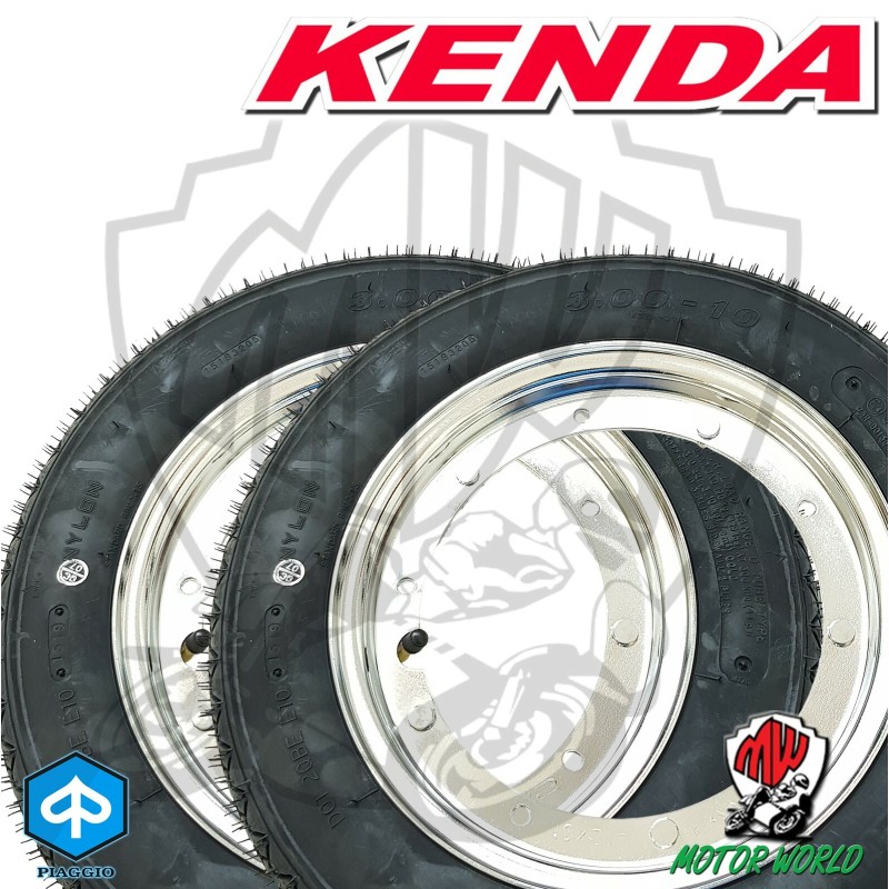 KIT 2 GOMME PNEUMATICI KENDA 3.00 10 TIPO S83 + CERCHIO CROMATO PIAGGIO VESPA 50